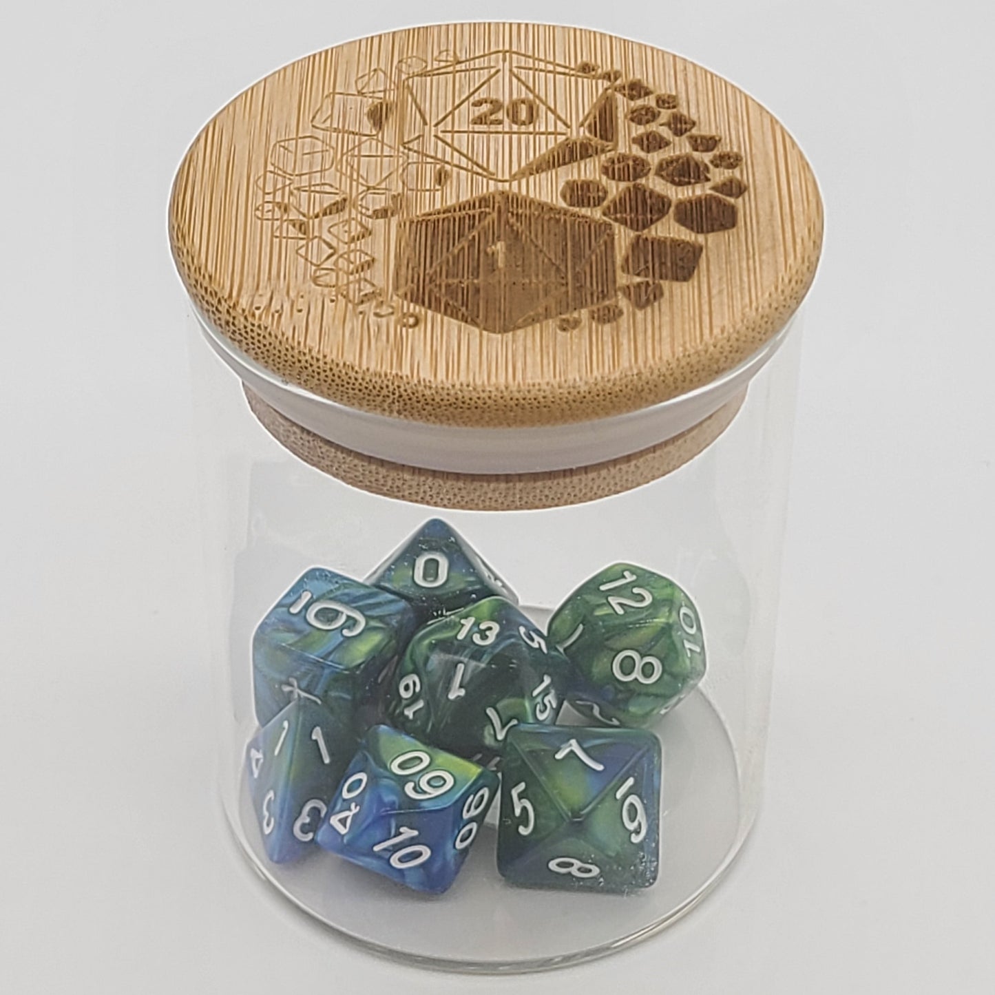 Glass Jar w/ Bamboo Lid - D20 Rune