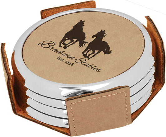 Round Light Brown Leatherette 4-Coaster Set w/Silver Edge