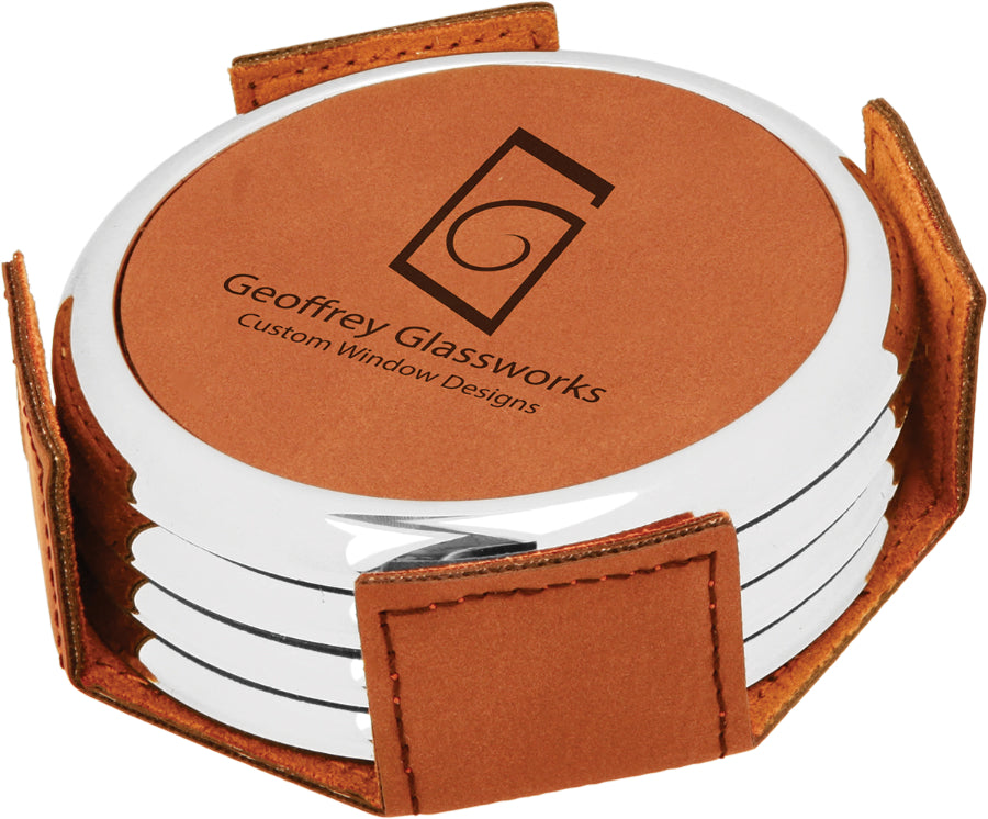 Round Rawhide Leatherette 4-Coaster Set w/Silver Edge