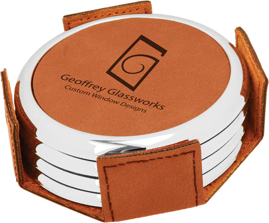 Round Rawhide Leatherette 4-Coaster Set w/Silver Edge