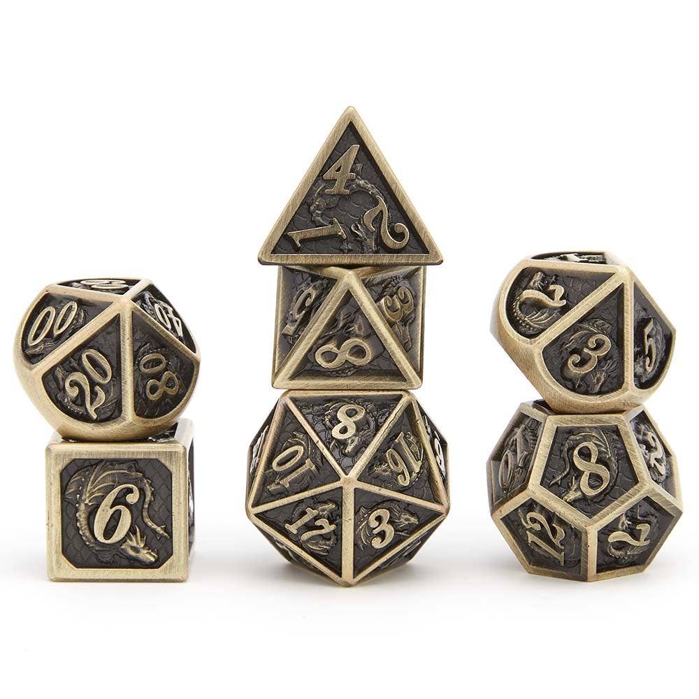 Brushed Bronze Solid Metal Dragon Polyhedral Dice Set