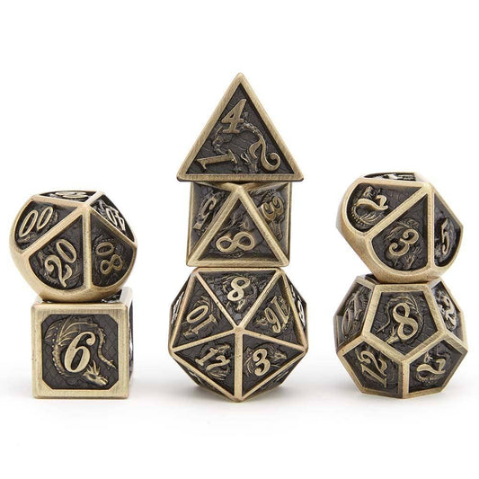 Brushed Bronze Solid Metal Dragon Polyhedral Dice Set